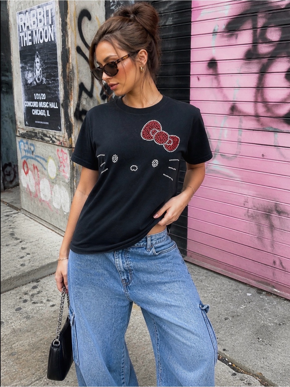 HELLO KITTY RHINESTONE TEE BLACK Y2K STREETWEAR BLING GRAPHIC T SHIRT L